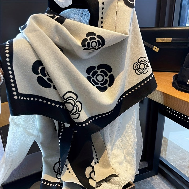 Camellia Flower Soft Shawl Scarf - Warm, Versatile, and Coldproof with Imitation Cashmere Feel - Perfect for Autumn and Winter, Short Beard Friendly, Stylish and Gentle on Skin