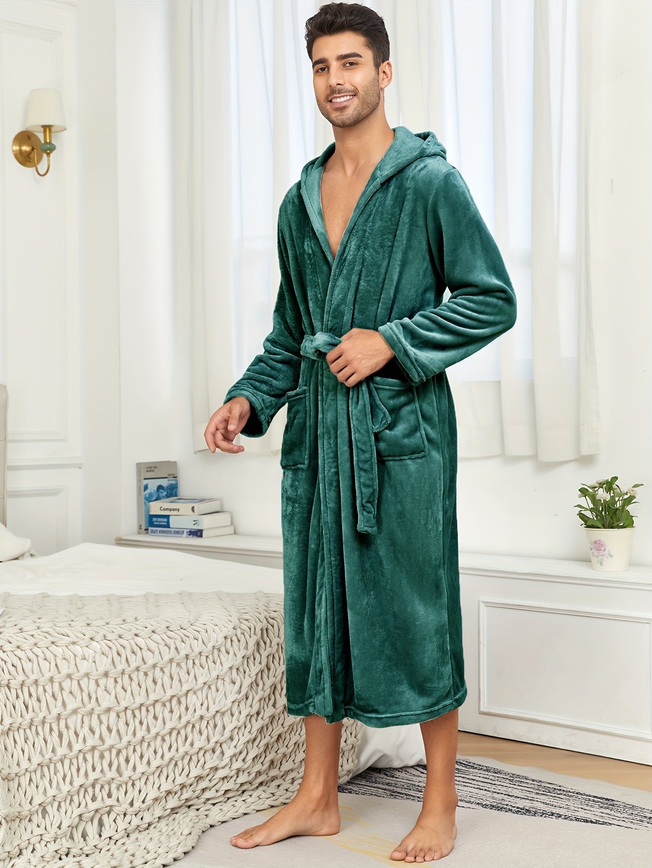 Mens Premium Flannel Bathrobe - Super Cozy Winter Wear, Hooded, Solid Color, Soft Fleece Lining, Double Pockets for Lounging Comfort