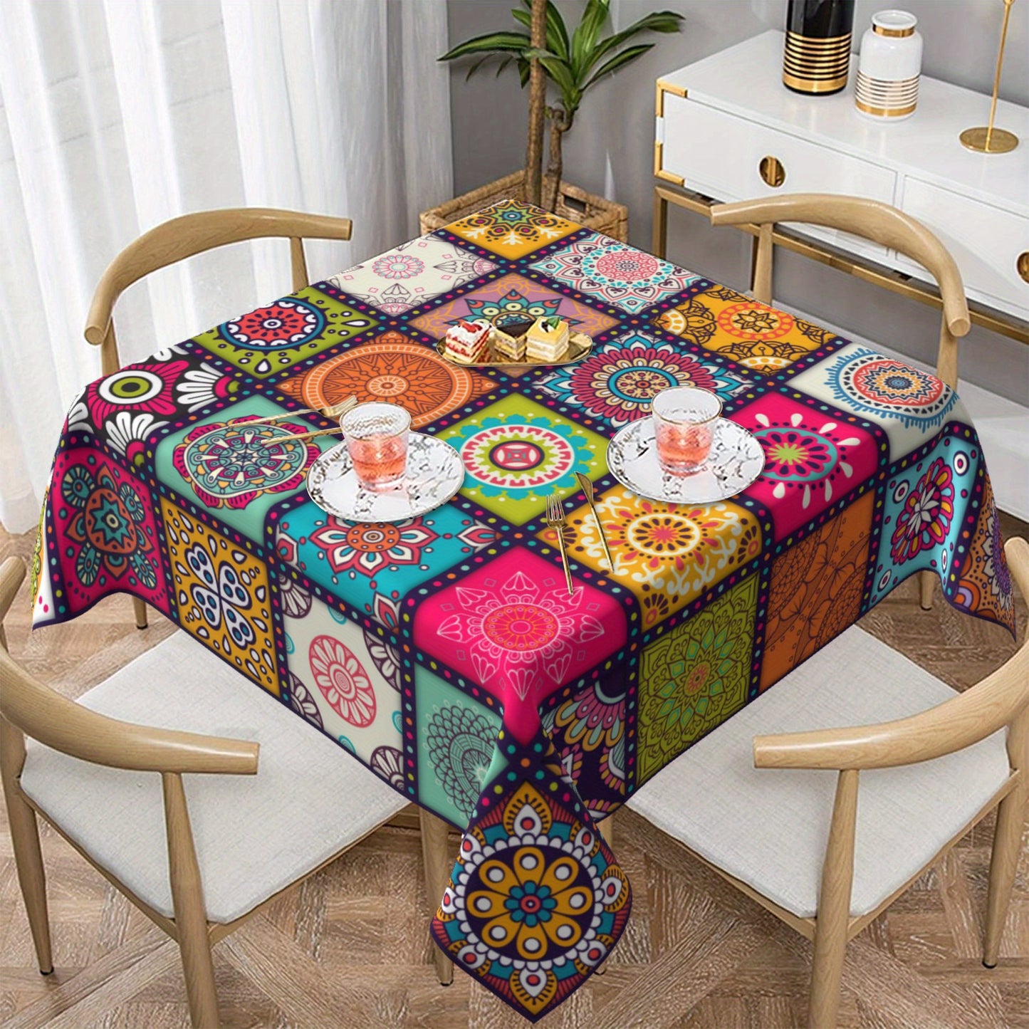 1pc Vibrant Mandala Rectangle Polyester Tablecloth - Kitchen & Dining Table Linens - Bohemian Inspired, Circular, Colorful, Festival Party Decoration, Home Decor, Waterproof, Easy Clean, Durable, Perfect for Indoor Outdoor Events
