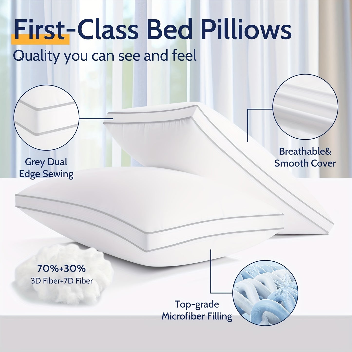 Premium Bed Pillows 2 pack, Fluffy and Supportive 7D Down Alternative Bed Pillow, Stomach or Side Sleepers, Luxury Soft Hotel Quality Relief Neck Head and Shoulder Pain, Machine Washable