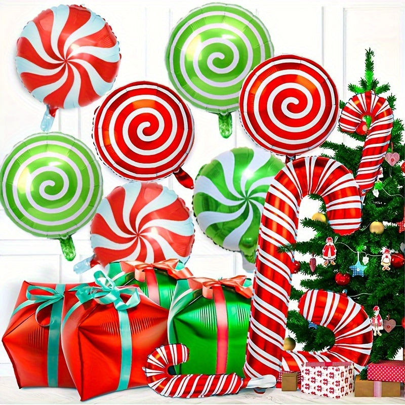 10pcs Large Christmas Candy Cane Foil Balloons with Ribbons - Red & Green, Perfect for Holiday & Birthday Party Decorations