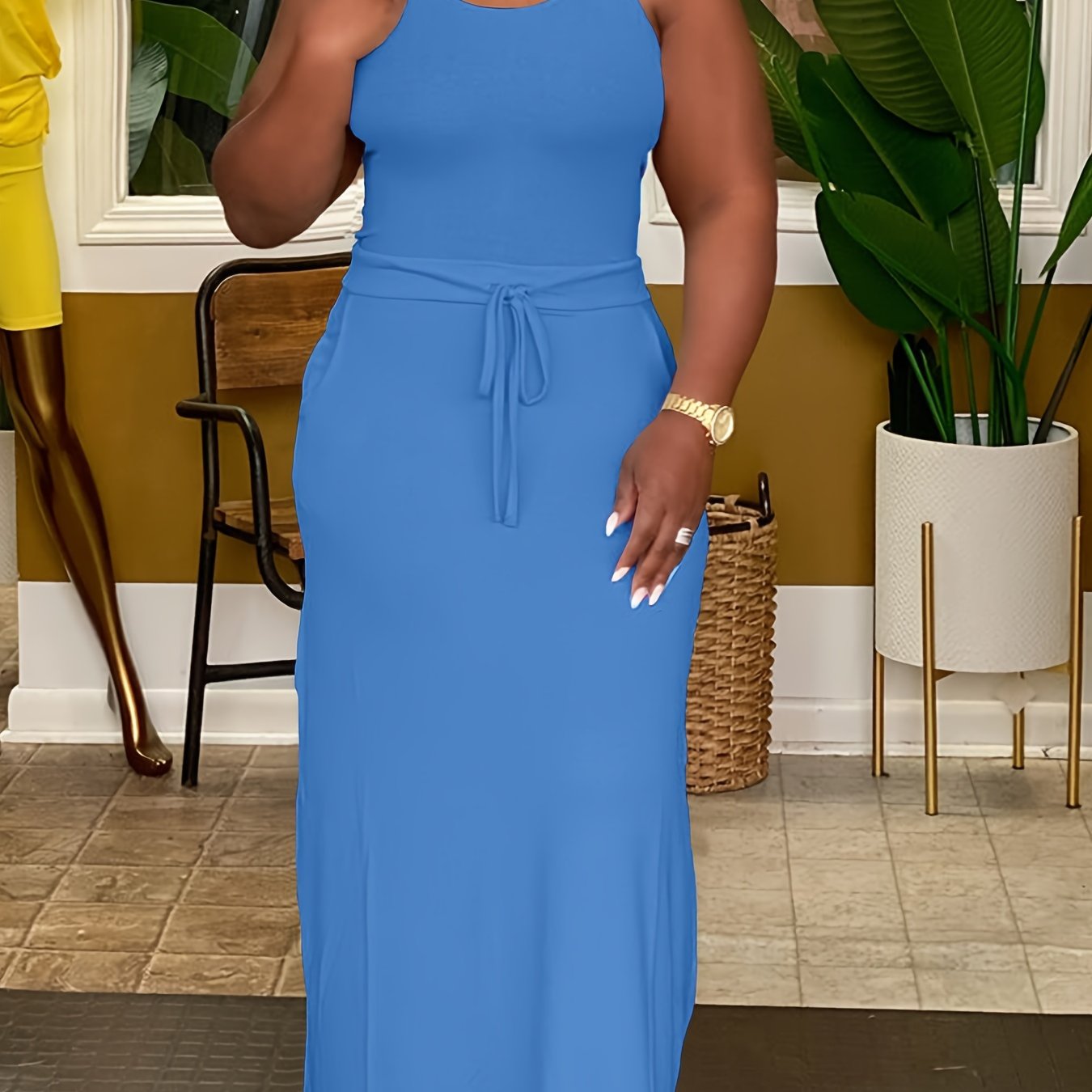 Plus Size Chic Solid Slim Belted Tank Maxi Dress - Comfortable Sleeveless Design for Spring & Summer - Women's Casual Wear for Curvy Figures