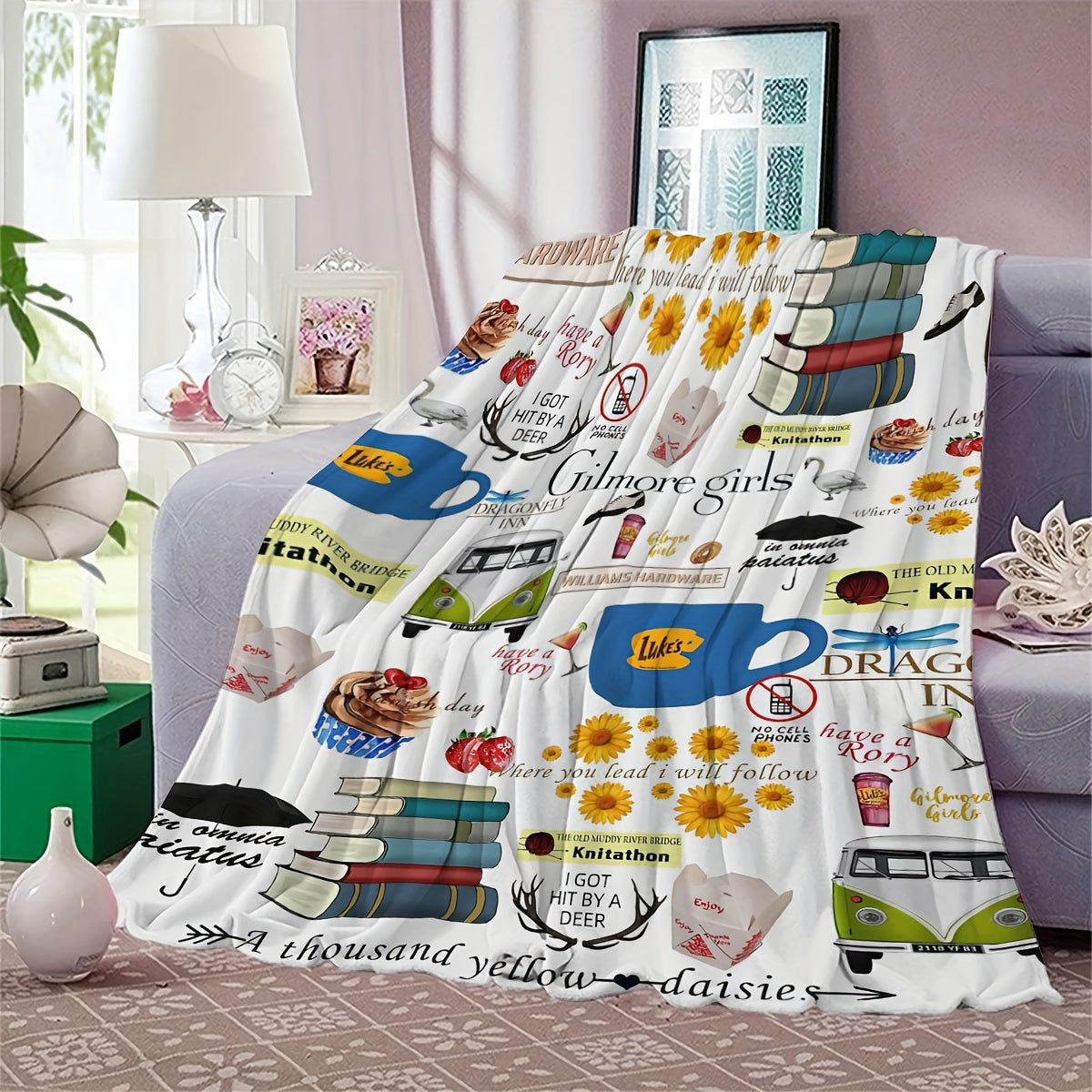 Gilmore Girls Foodie-Themed Plush Blanket - Soft, Reversible Flannel Throw for Couch, Bed, Office - Perfect Birthday Gift for Fans
