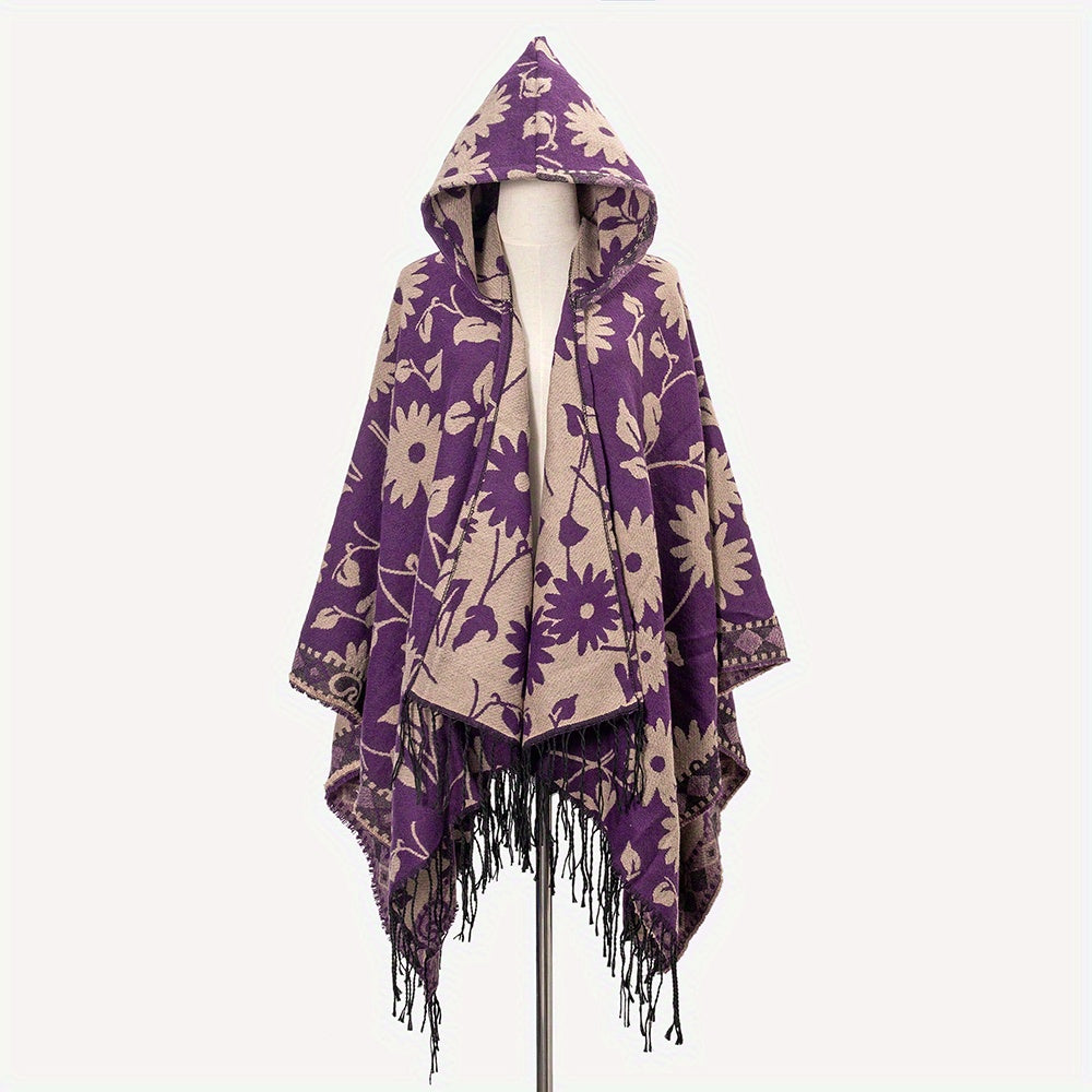 Cozy Oversized Hoodie Scarf Blanket - Stylish Boho Geometric Print with Tassels - Ultra-Soft Warm Cape for Outdoor Adventures, Windproof & Thick Cardigan Shawl