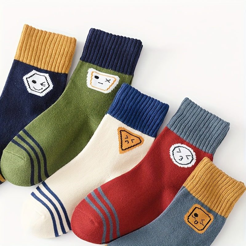 Boys Cartoon Calf Socks 5-Pack, Knit Fabric, Polyester 95%, Spandex 5%, Hand Washable, Cozy Fall/Winter Crew Socks for Kids Age 12 & Under