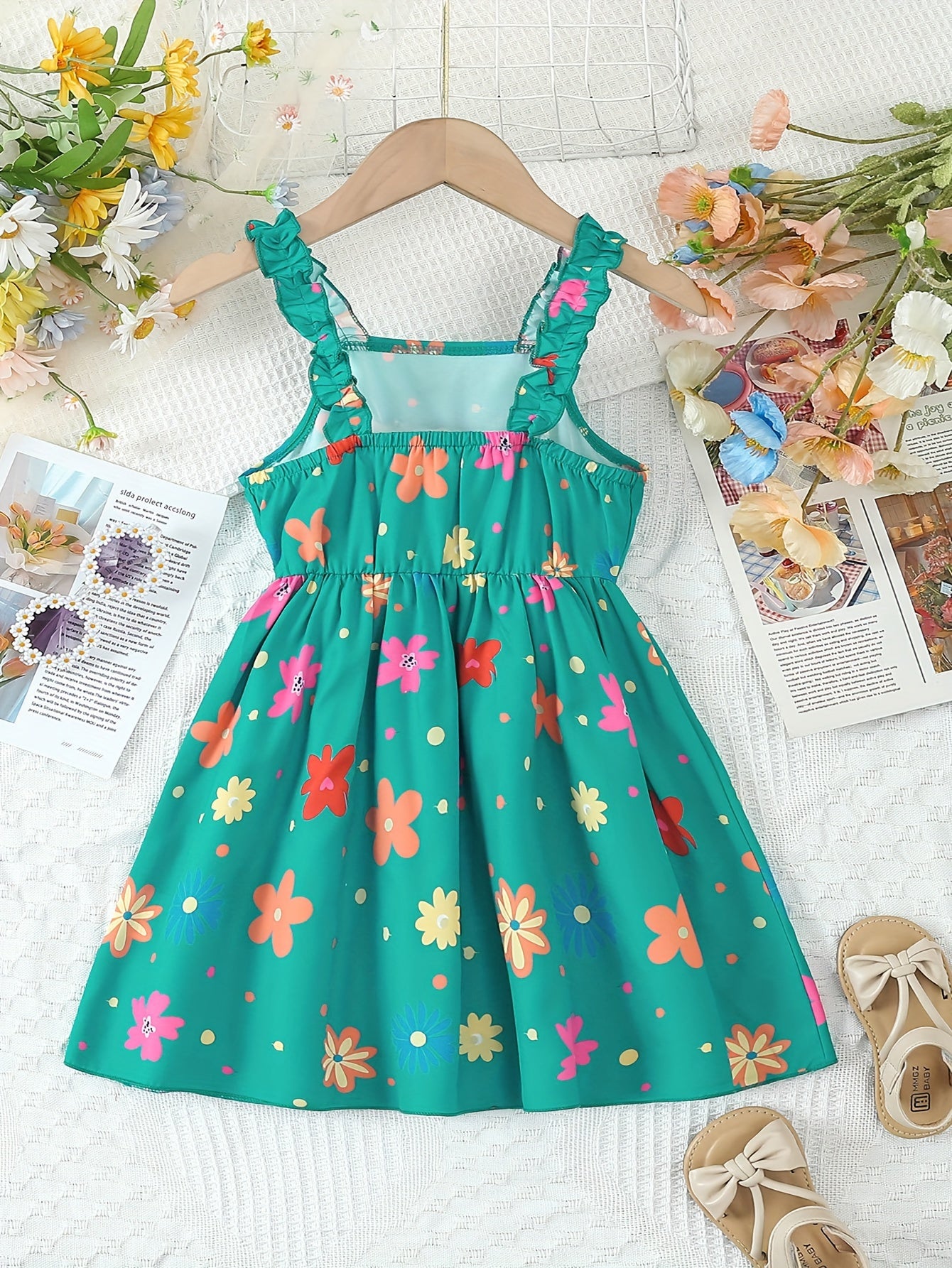 Chic Summer Floral Girls' Dress - Comfortable, Woven Fabric with Ruffle Detail & Playful Suspender Straps