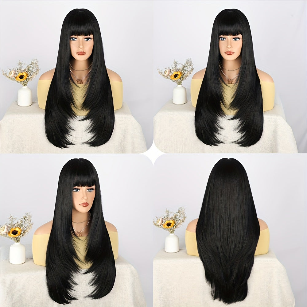 28 Inch Long Black Wig with Flattering Bangs - Silky Straight Synthetic Hair for Everyday Glam - Realistic, Easy-to-Style Wigs Designed for Women