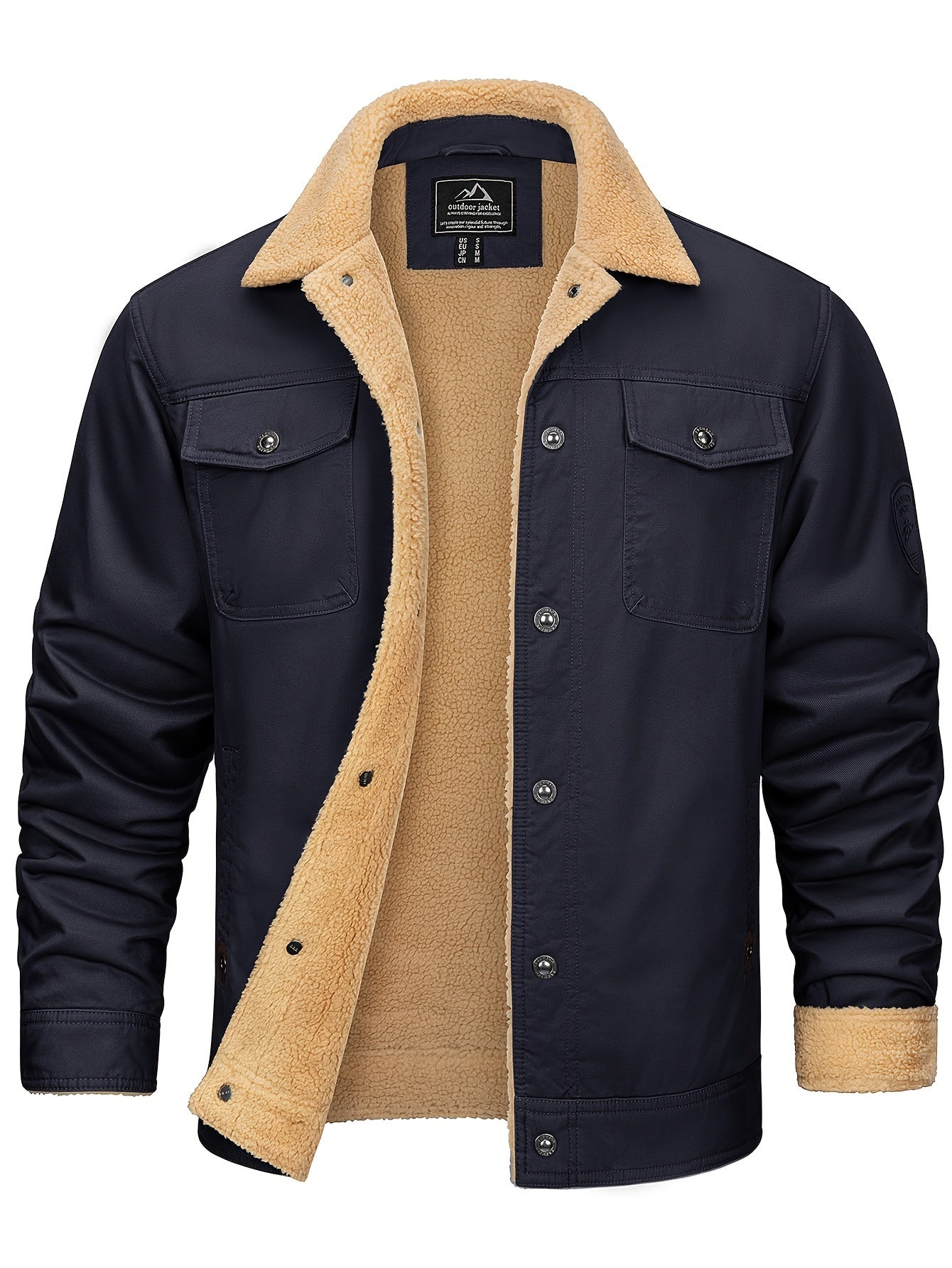 Men's Plus Size Lapel Fleece Jacket Coat Winter Windproof Metal Button Fleece Lined Warm Jacket Adjustable Snap Button Cuffs And Hem Multiple Pockets Soft And Comfortable For Traveling Work Motorcycle Riding Hiking Camping Golf Fleece Warm Jacket