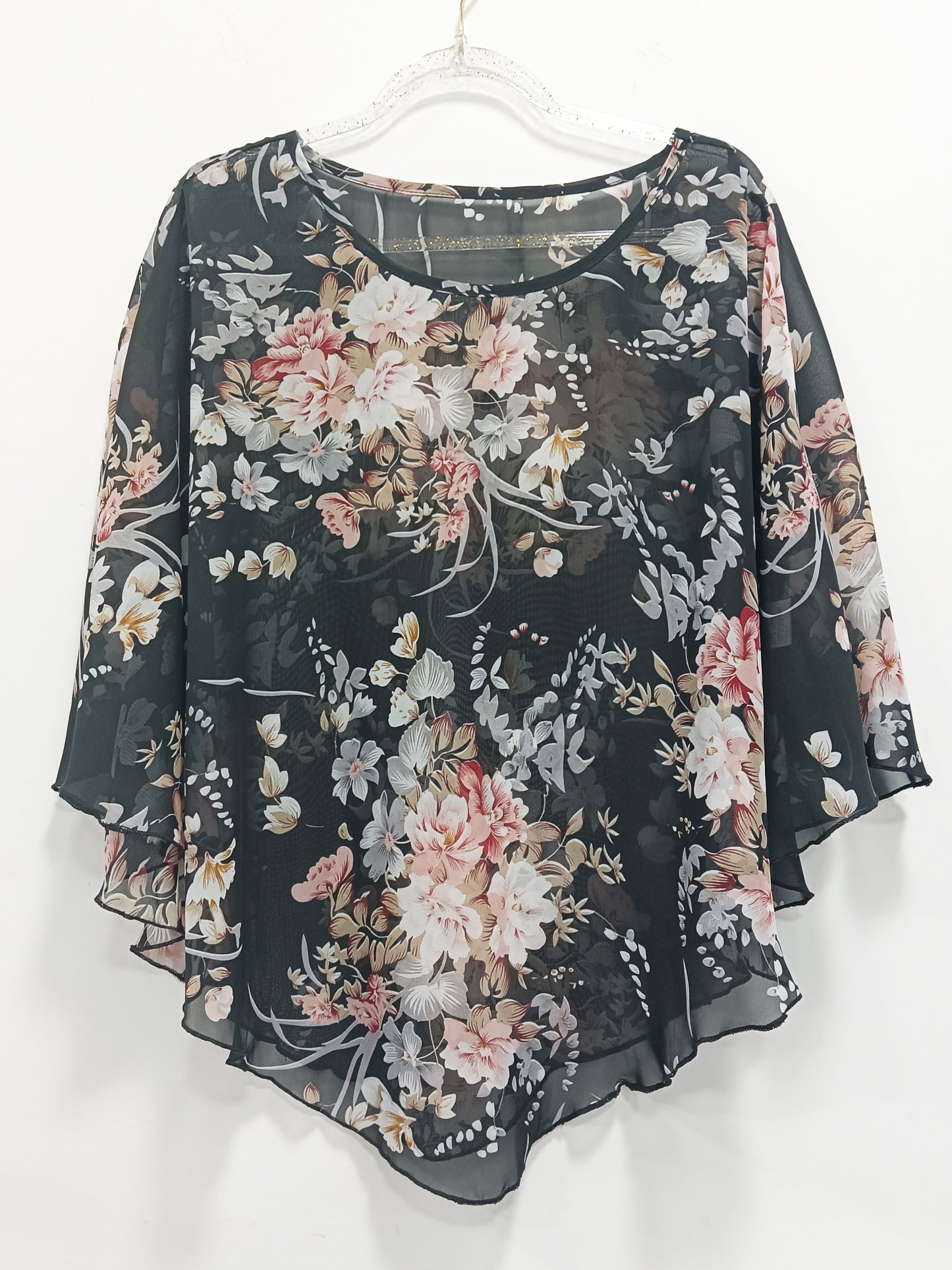 ZllKl Floral Print Asymmetrical Blouse, Elegant Crew Neck Summer Blouse, Women's Clothing