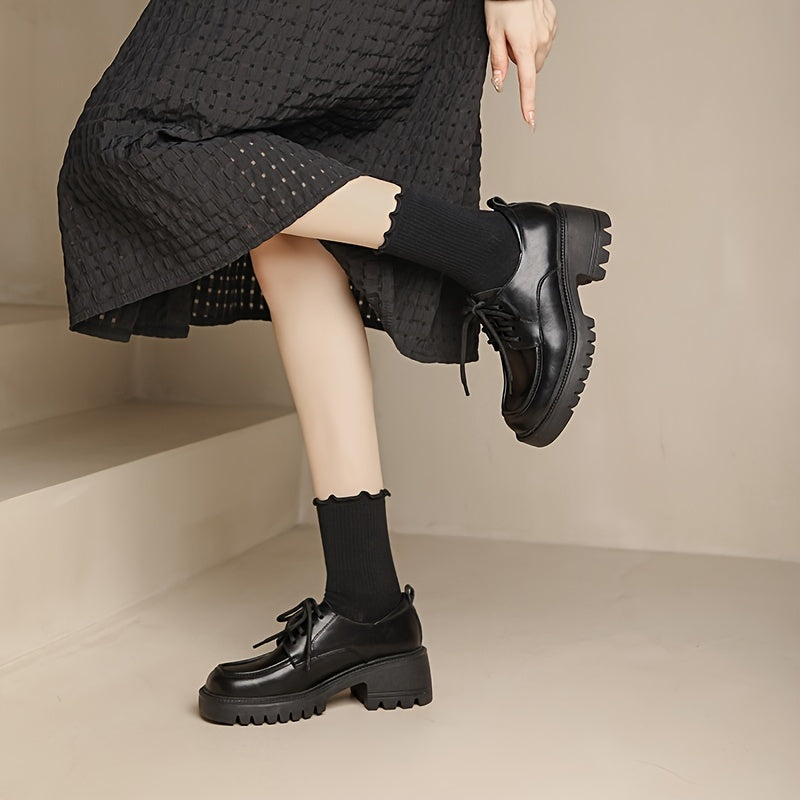 Stylish Womens Square Toe Platform Oxfords - Non Slip Rubber Soles, All-Match Black Lace Up Shoes with Man Made Materials and Comfortable Insoles for Spring Season