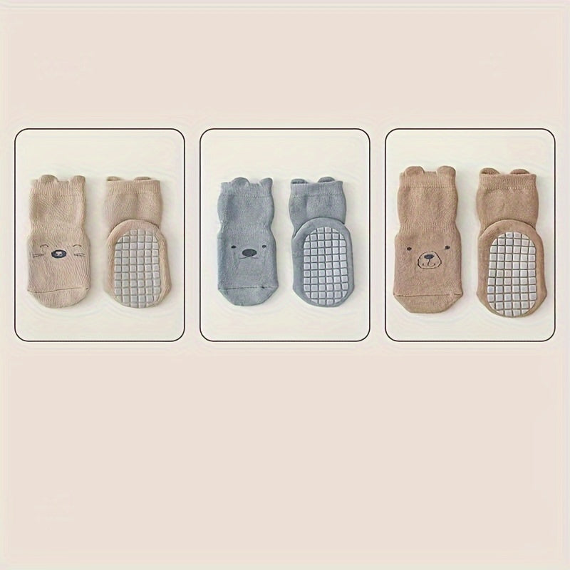 3 Pairs Of Baby Boy's Cute Animals Pattern Crew Socks With Good Grip, Comfy Breathable Thermal Socks, Winter & Autumn