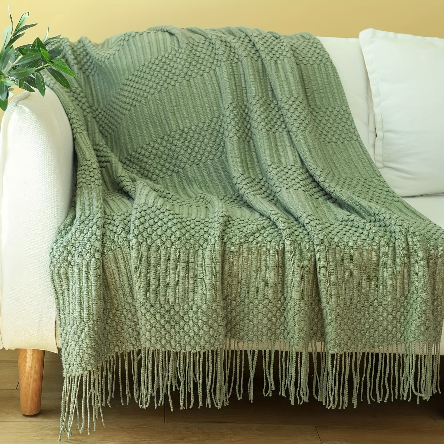 1pc Soft & Cozy Textured Knitted Throw Blanket - Perfect for Sofa and Couch Decor - Green and Tan Color Combination - Decorative Accent for Living Room - Soft Brushed Fabric - Easy Care