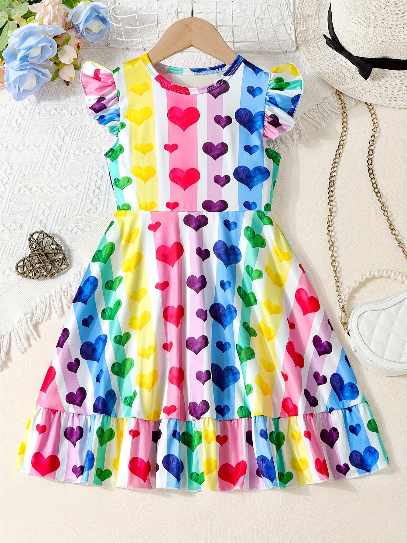 Girls Vibrant Hearts Print Round Neck Flying Sleeve Midi Dress - Adorable & Flowy for Summer Romance & Valentines Day