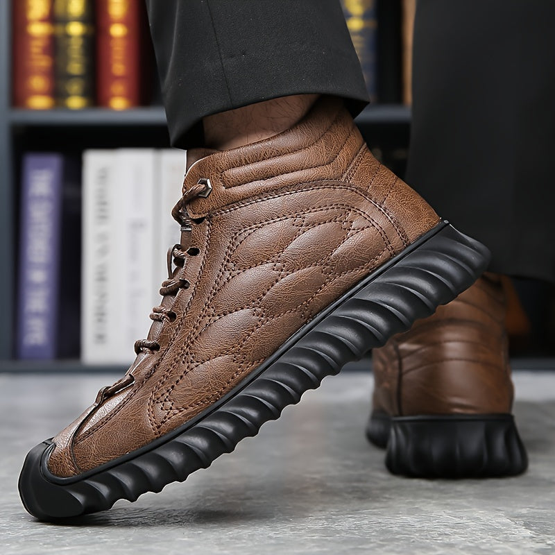 Plus Size Mens Comfort Boots - Fashionably Trendy, Slip-Resistant, Lace-Up, Vintage-Inspired Design - Ideal for Outdoor Activities and Daily Wear, Ankle-High, Solid Color