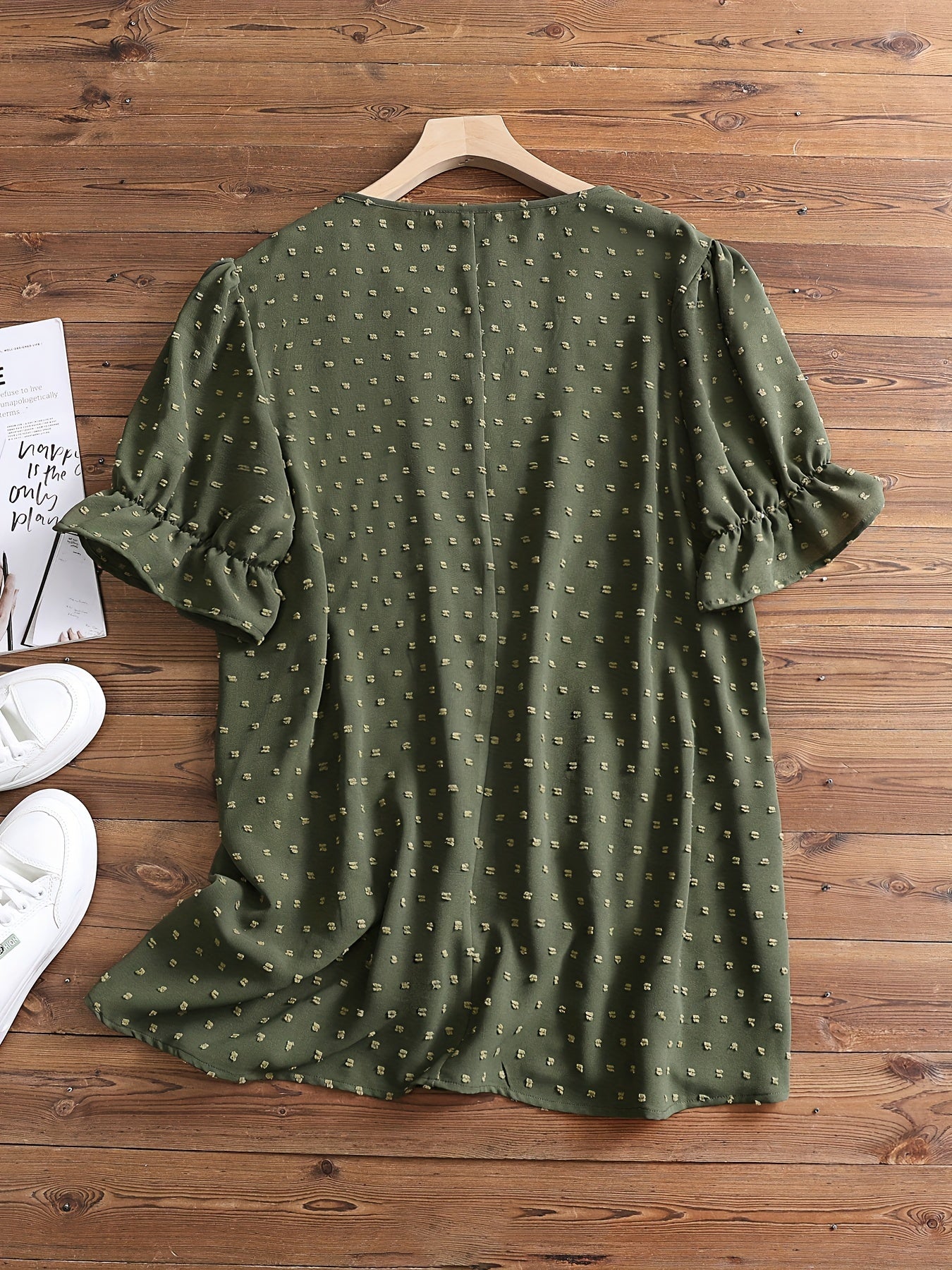 Plus Size Solid Swiss Dot Blouse - Comfortable Short Sleeve, Chic Keyhole Neck, Exquisite Elegant Design for Warm Weather - Ideal for Curvy Womens Plus Size Clothing for Spring and Summer