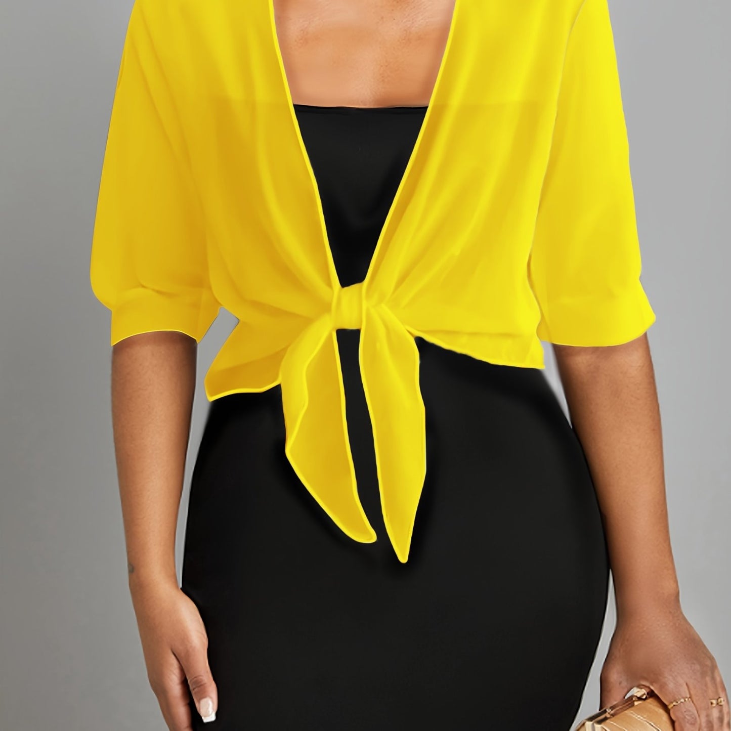 ZllKl Tie Front Semi-Sheer Blouse, Elegant Open Front Shawl Blouse, Women's Clothing