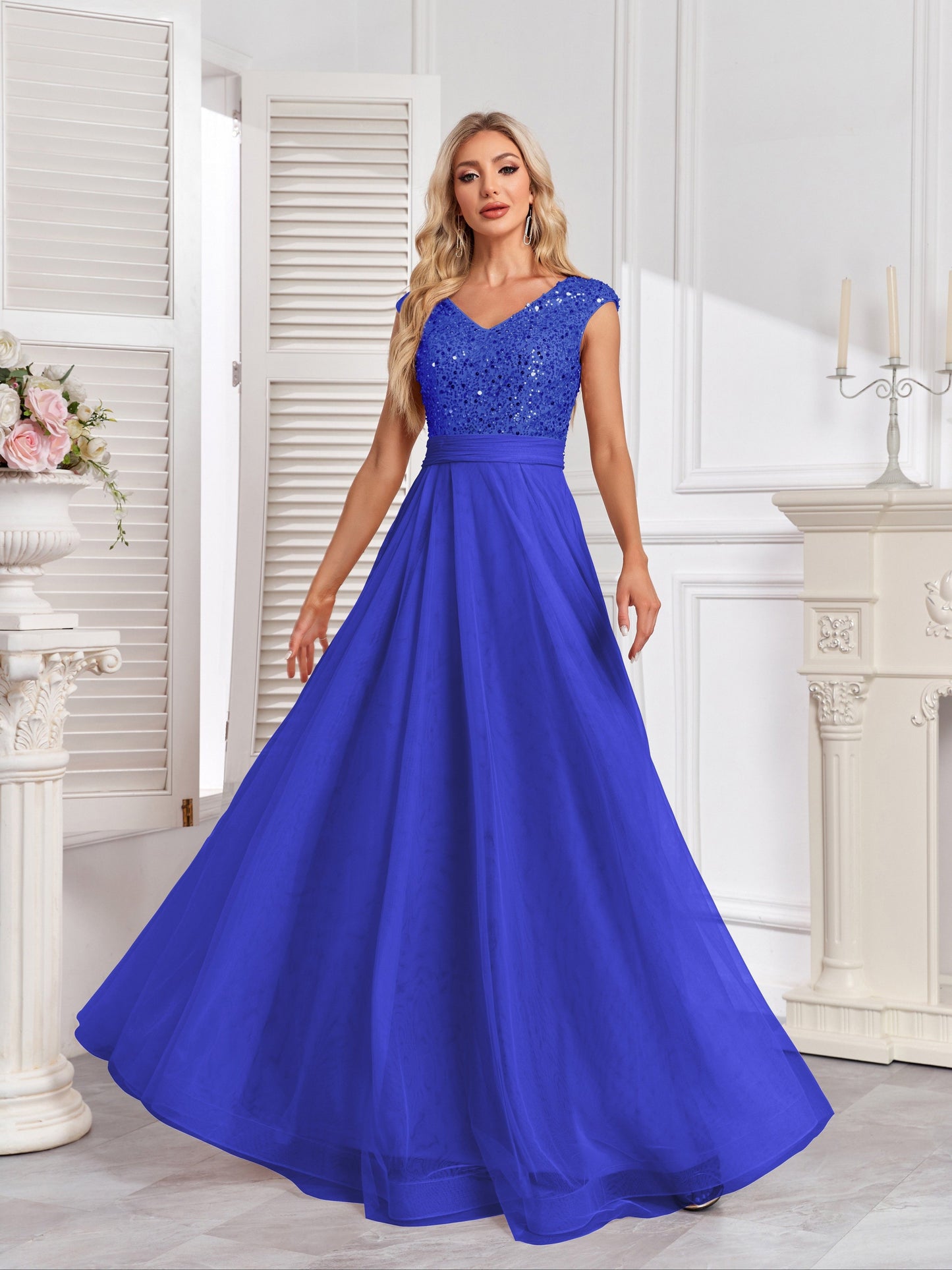 Long Sleeveless Elegant A-line Floor Length Sequin V-neck Formal Dress for Women - Shining Contrast Sequin Details, Micro Elasticity, and Loose Silhouette - Polyester Material, Hand Wash, and Perfect for Party & Banquet