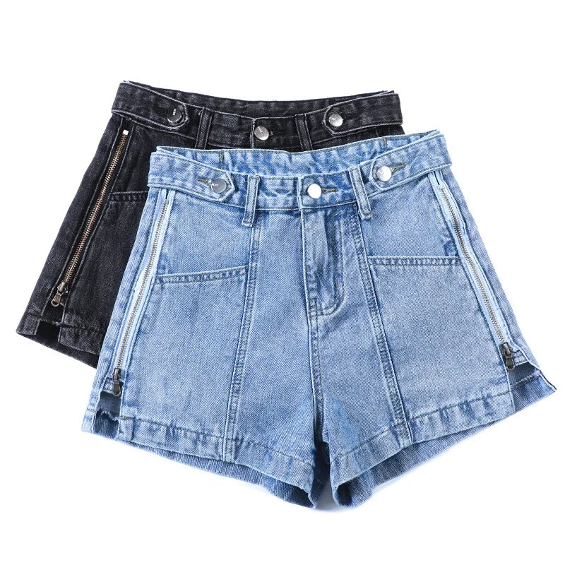 S-5XL Women's Denim Shorts Fashion Vintage High Waist Blue Wide Leg Female Side Zipper Caual Summer Ladies Shorts Jeans