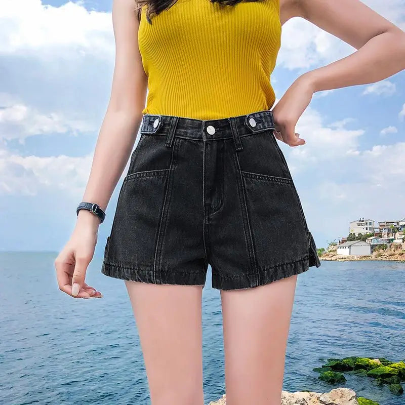 S-5XL Women's Denim Shorts Fashion Vintage High Waist Blue Wide Leg Female Side Zipper Caual Summer Ladies Shorts Jeans