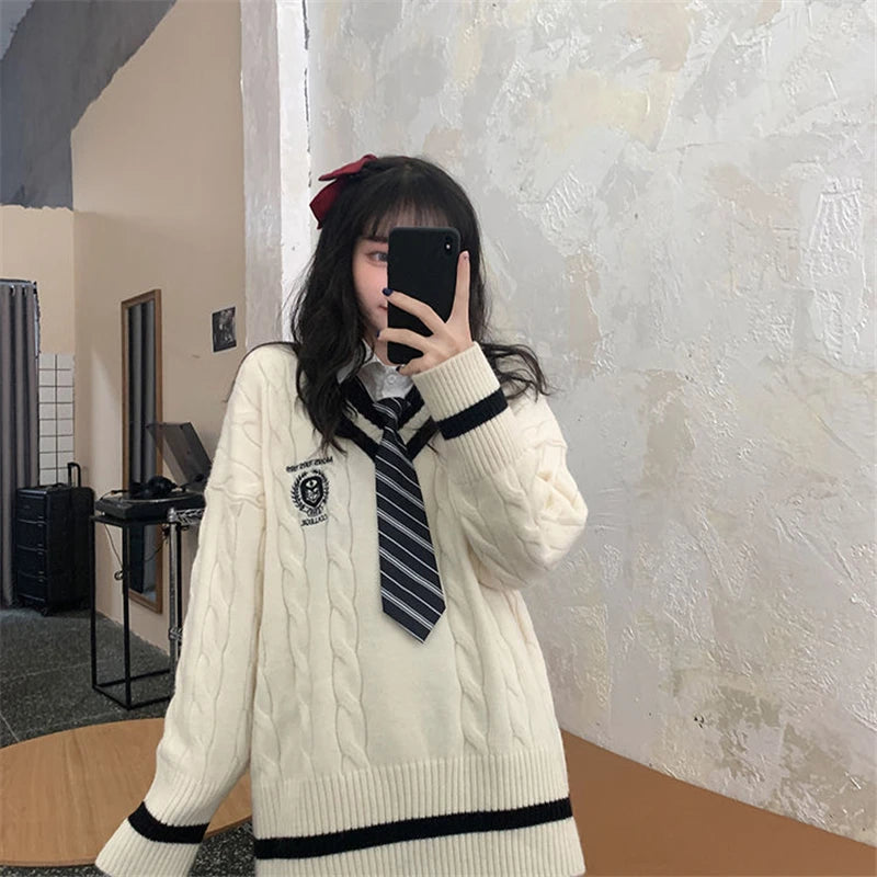 Cute Student Uniforms Autumn Winter Long Sleeve Sweater Women 2021 New Korean Version Style V-neck Loose Casual Knitted Sweater