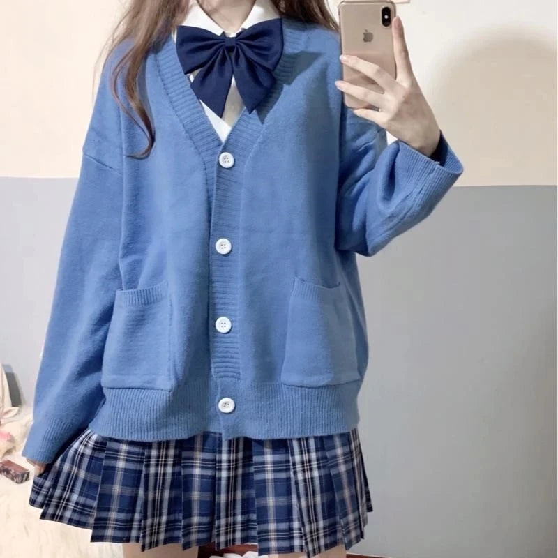 Japan School Sweater Spring Autumn V-neck Cotton Knitted Sweater College Style JK Uniform Cardigan 4 Color Student Girls Cosplay
