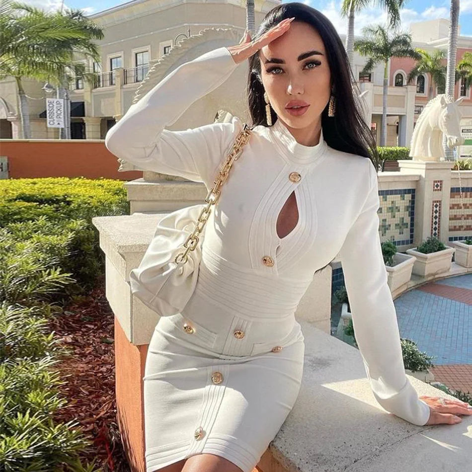 New Summer Women V Neck Bandage Dress Red Sexy Long Sleeve Button Bodycon Club Celebrity Elegant Evening Mini Party Dresses