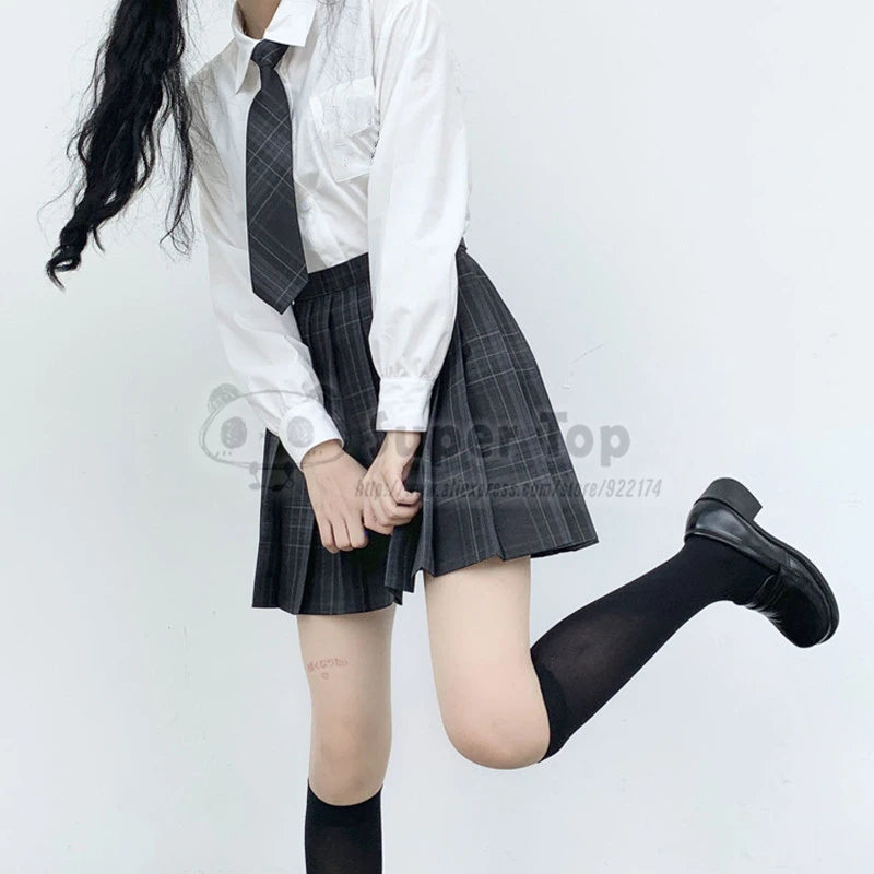 Charcoal gray JK Uniform Female Full Suit Summer Autumn White Shirt Original Pleated Skirt School Girl Clothes