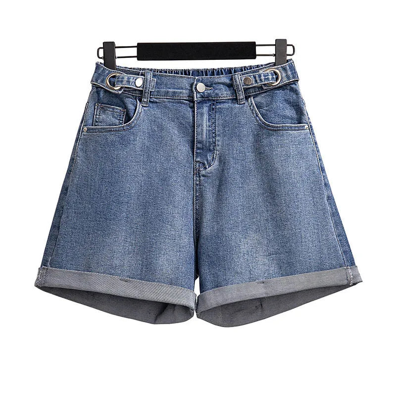 150Kg Plus Size Women's Denim Shorts High Waist Casual Loose Straight Wide Leg Pants Hip 150cm 5XL 6XL 7XL 8XL 9XL Black Blue