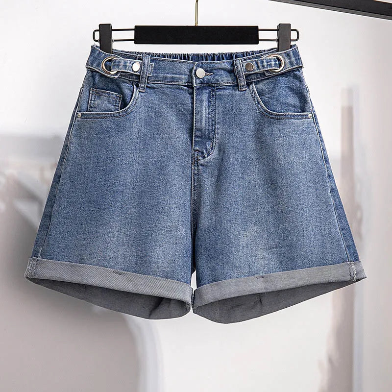 150Kg Plus Size Women's Denim Shorts High Waist Casual Loose Straight Wide Leg Pants Hip 150cm 5XL 6XL 7XL 8XL 9XL Black Blue