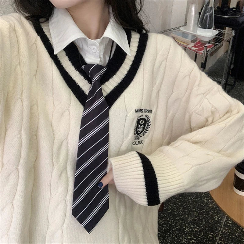 Cute Student Uniforms Autumn Winter Long Sleeve Sweater Women 2021 New Korean Version Style V-neck Loose Casual Knitted Sweater