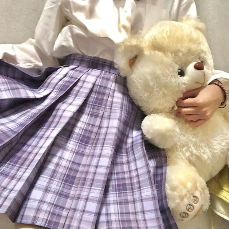 2021 Japanese School JK Uniform Two Piece Set Women White Shirts+Purple Plaid Mini Skirt Preppy Style Send Bow Tie 3 Piece Set
