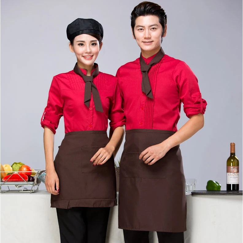 Coffee House Server Long Sleeve Work Shirt+Apron+Tie Sets Women and Men Hotel Cafeteria Uniform Cheap Hotpot Waiter Clothing