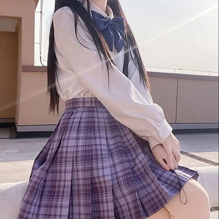 2021 Japanese School JK Uniform Two Piece Set Women White Shirts+Purple Plaid Mini Skirt Preppy Style Send Bow Tie 3 Piece Set