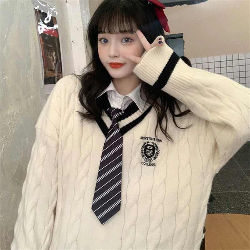 Cute Student Uniforms Autumn Winter Long Sleeve Sweater Women 2021 New Korean Version Style V-neck Loose Casual Knitted Sweater