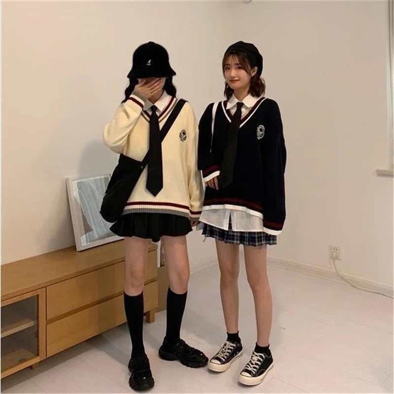 New 2021 Japanese Preppy Pullover Jk Sweater Loose Casual Long Sleeves Student Long-sleeved Knit V-neck Pullover School Uniform