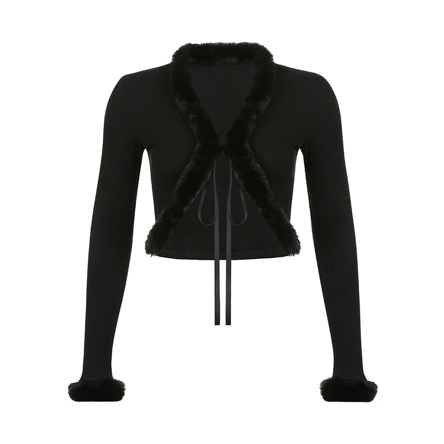 Women's Y2k Cropped Cardigan Sweater Long Sleeve V-Neck Faux Fur Trim Tie-up Crop Top Open Front Knitted Coat Vintage Streetwear