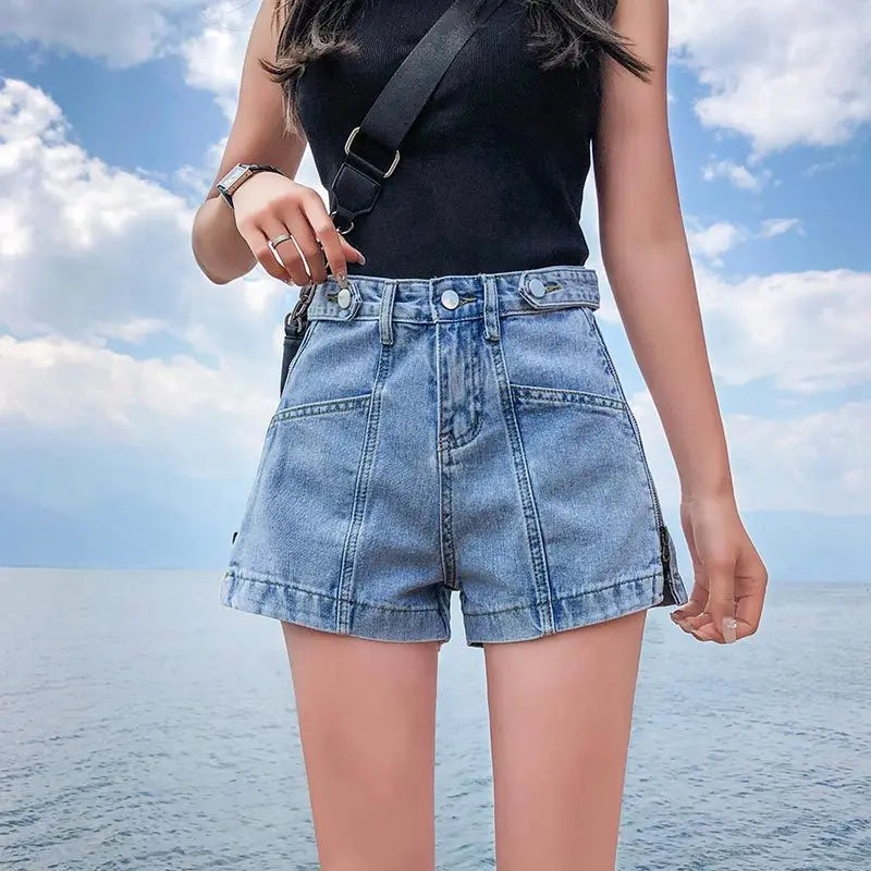 S-5XL Women's Denim Shorts Fashion Vintage High Waist Blue Wide Leg Female Side Zipper Caual Summer Ladies Shorts Jeans