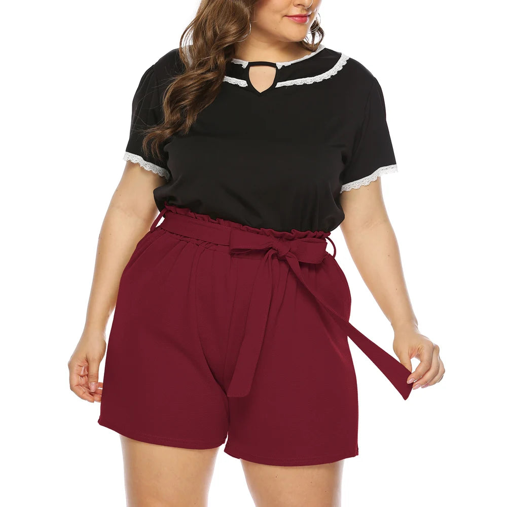 New Women Plus Size Shorts Short Trousers High Waist Large Big Plussize For Female Summer Clothes Solid Black Red Clothing