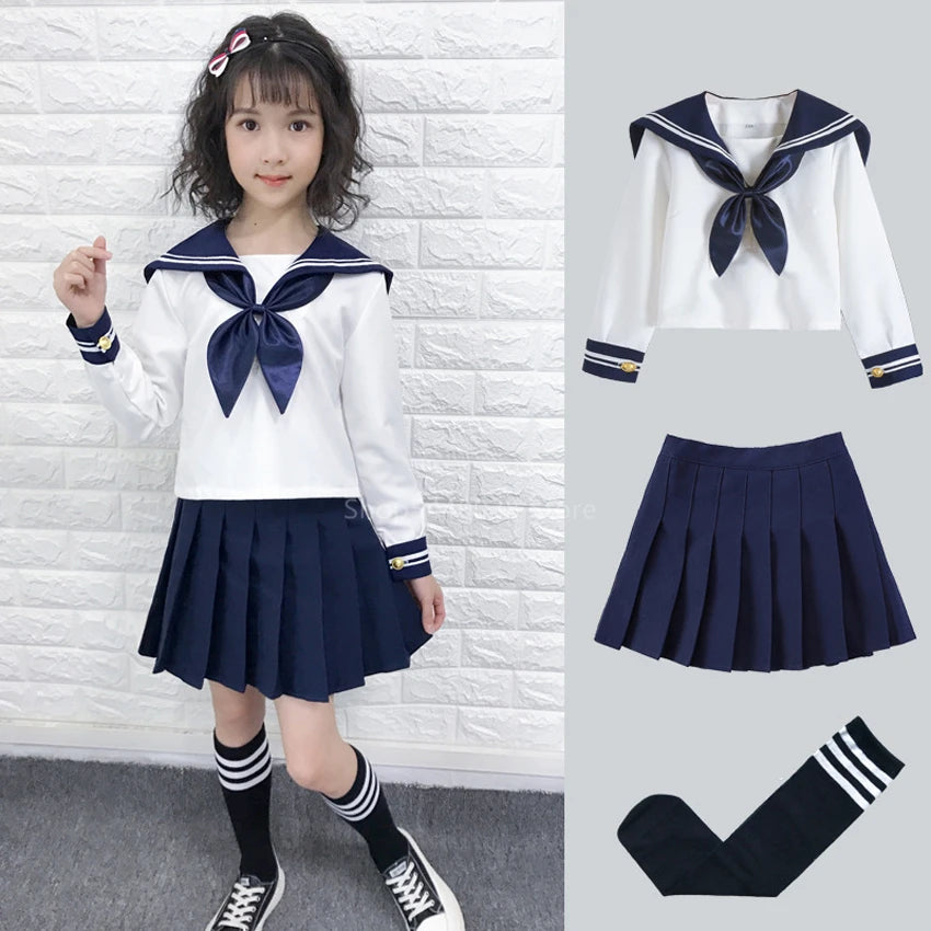 Kid School Uniform JK Sailor Dress 4PCS Girl Japanese Korean Orthodox Pleated Skirt Navy Long Short Sleeve Kawaii Suit Anime COS