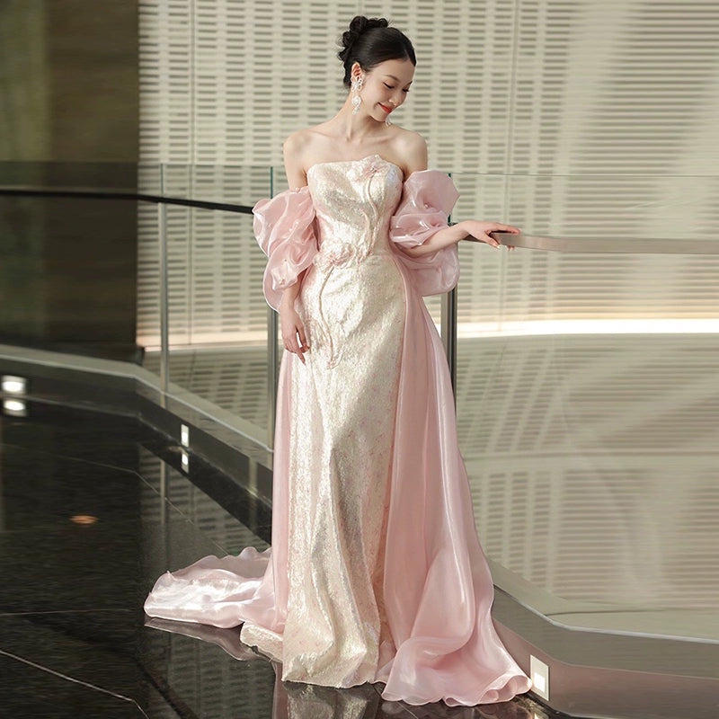 Morning robe female bride tube top high-end pink super fairy thousand gold style dress skirt engagement and coming-of-age ceremony toasting clothes