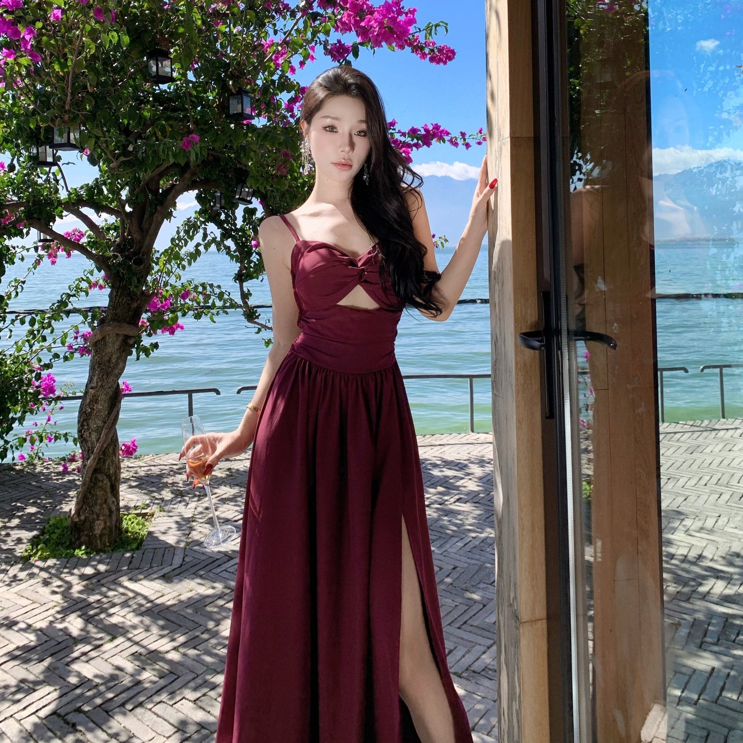 2025 Purple backless suspender skirt women's summer hollow sexy waist seaside vacation skirt big swing long dress