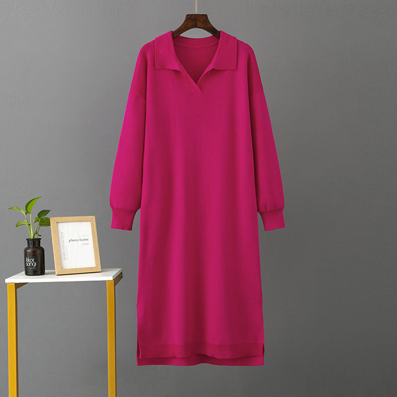 ZllKl 23 autumn and winter new 2025 Polo collar bottoming knitted long dress loose large size solid color women's dress