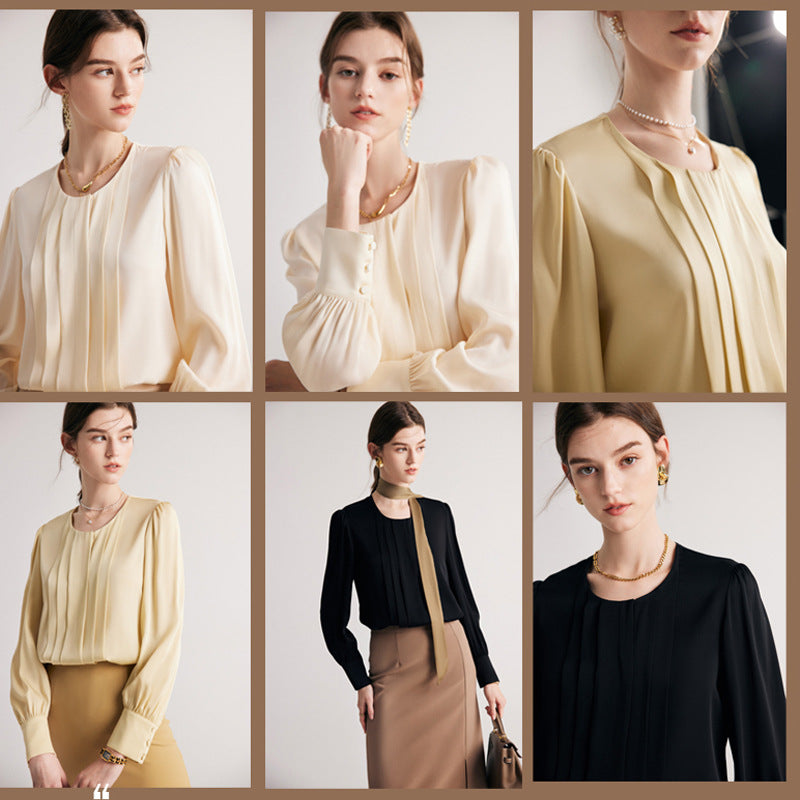 Silk shirt women's popular spring and summer new solid color round neck OL commuting 19 mmi elastic double Joe mulberry silk top
