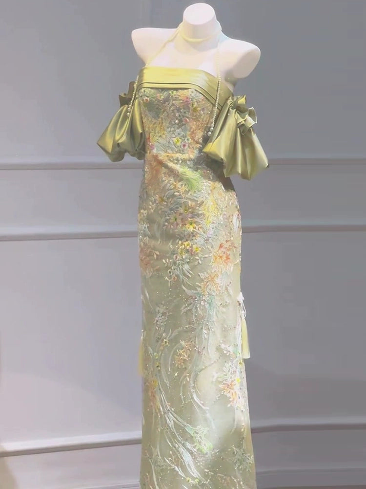 New Chinese cheongsam evening dress niche light luxury high-end banquet tube top morning robe female bride engagement floral toast