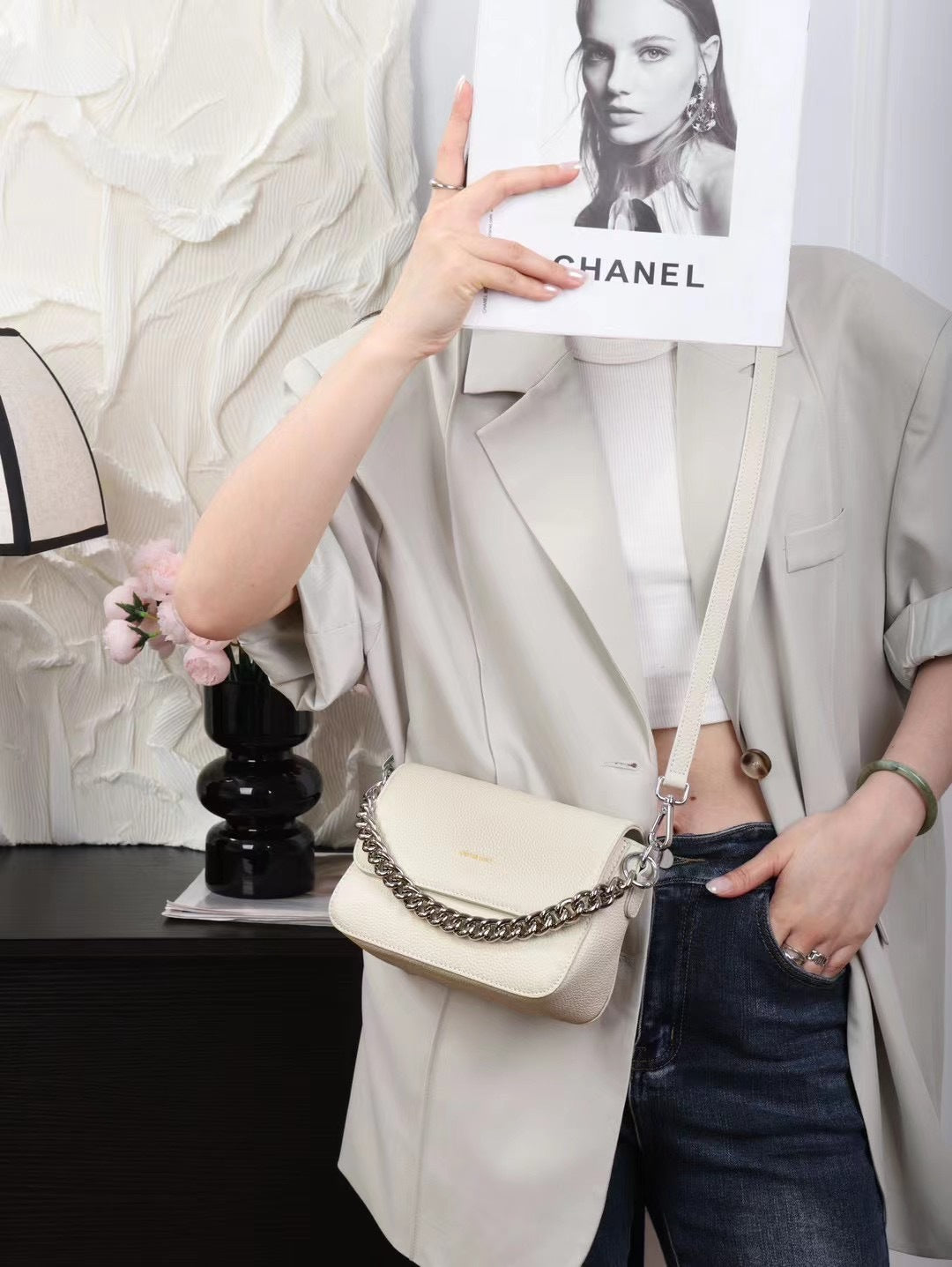 Leather chain bag shoulder messenger bag first layer cowhide small bag togo leather small fragrant style new small square bag women M213
