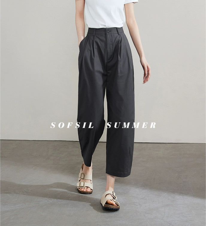 ZllKl Solid Color Ankle-Length Knickerbockers New Summer Fashion Women's Wear Loose Slimming High Waist Casual Wide-Leg Pants Trendy