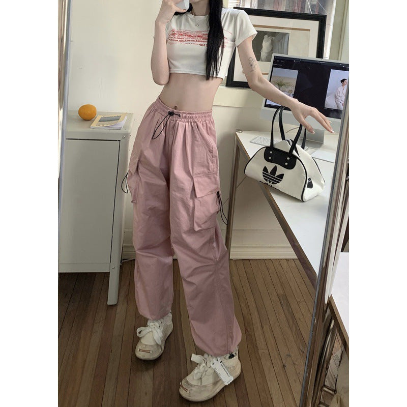 ZllKl Nylon Quick-Drying Overalls Women's Summer New American Parachute Pants High Waist Wide Leg Leisure Drawstring Sports Pants
