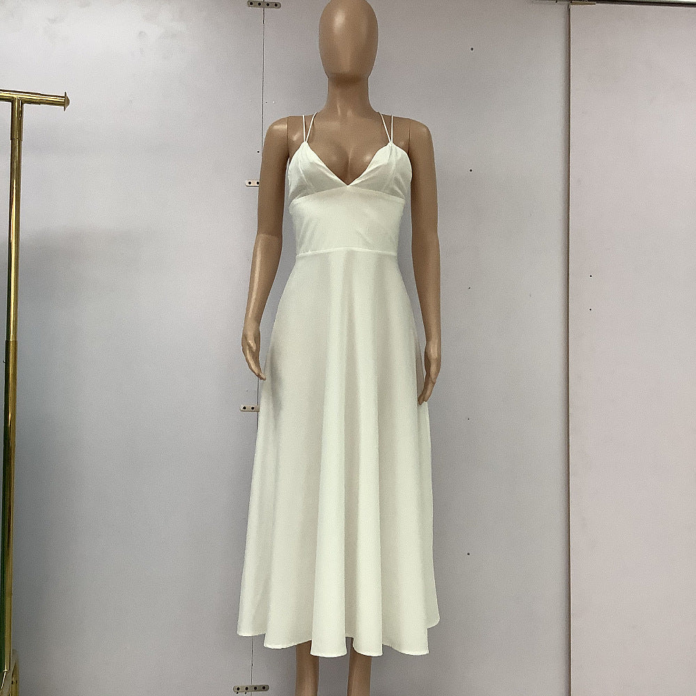 ZllKl Spring/Summer Cross-Border Women's Clothing Solid Color Hepburn Style Strap Dress Tube Top Stitching Midi Dress