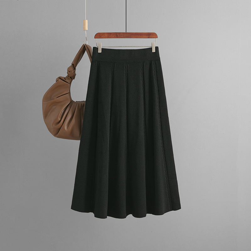 ZllKl 2025 new medium and long autumn and winter pendant feeling a word khaki knitted skirt children's winter sweater