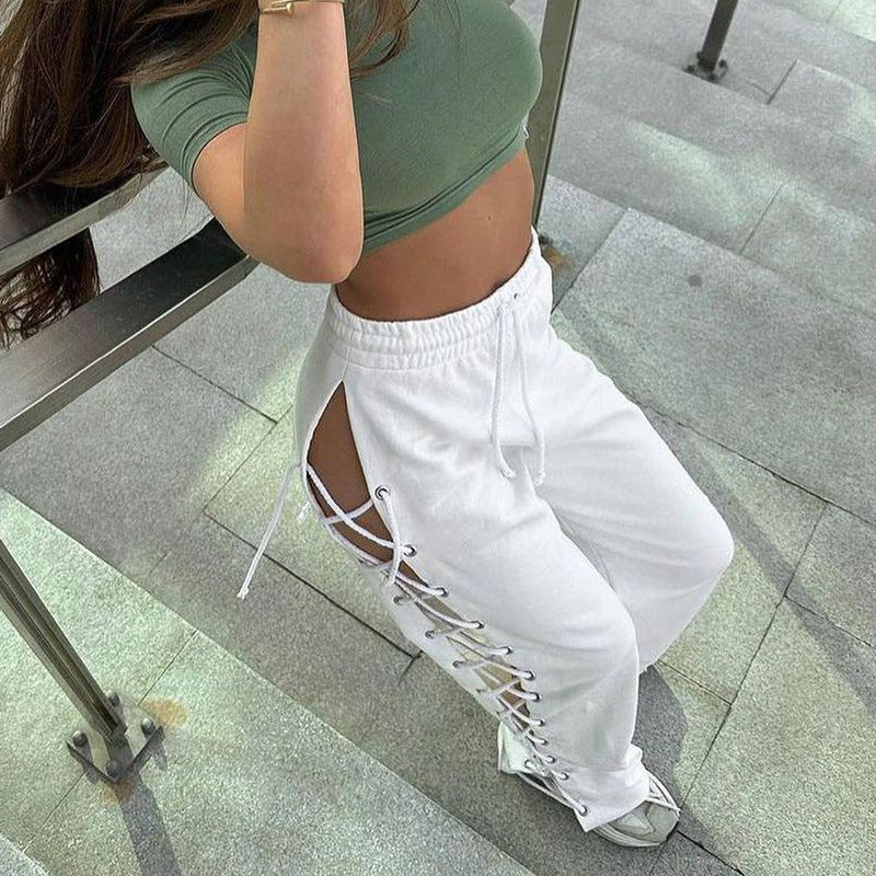 ZllKl Wy23078 Summer New European and American Style Street All-Match Slim-Fit Side Slit Lace-up Cutout Wide-Leg Pants for Women